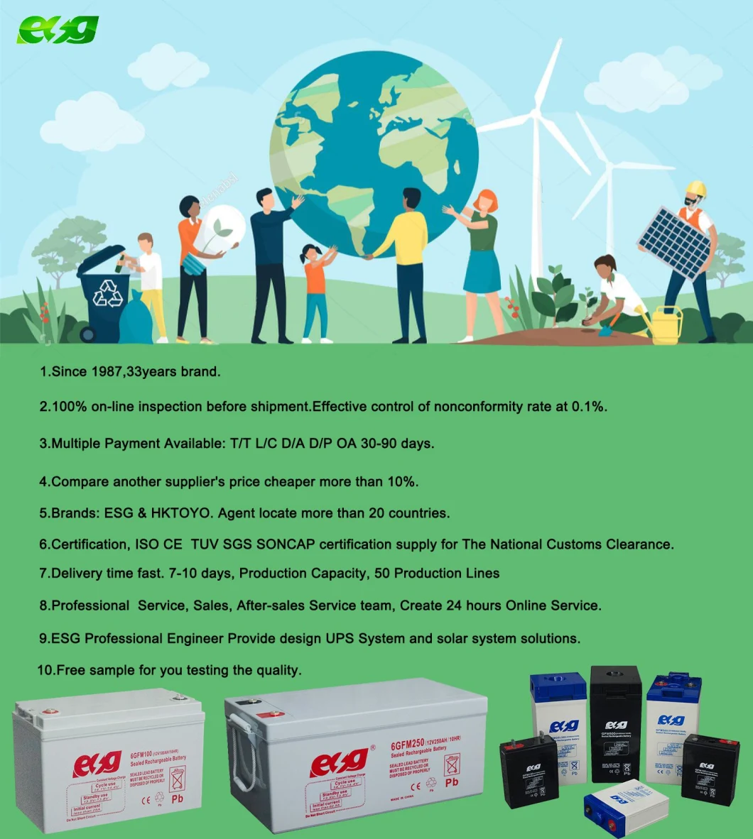 Esg 12V 200 Deep Cycle Gel Rechargeable Storage Battery for Solar Panel/Inverter/Power-Tool/UPS/Electric-Scooter
